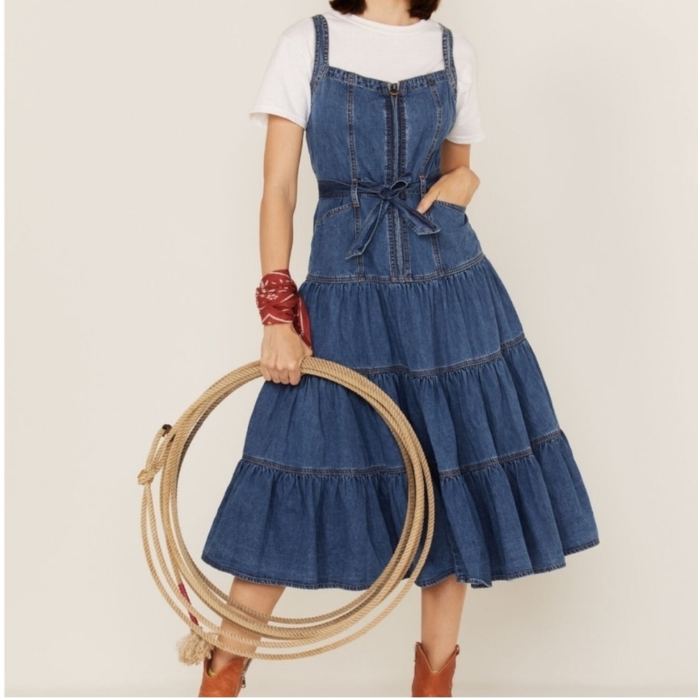 Driftwood Bissie Tiered Denim Sleeveless Midi Dress Women’s Size Medium
